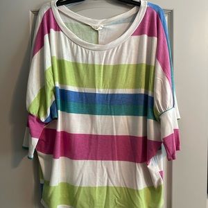 143 Story Multi Colored Top White Pink Blue Green Size Large EUC 3/4 sleeves